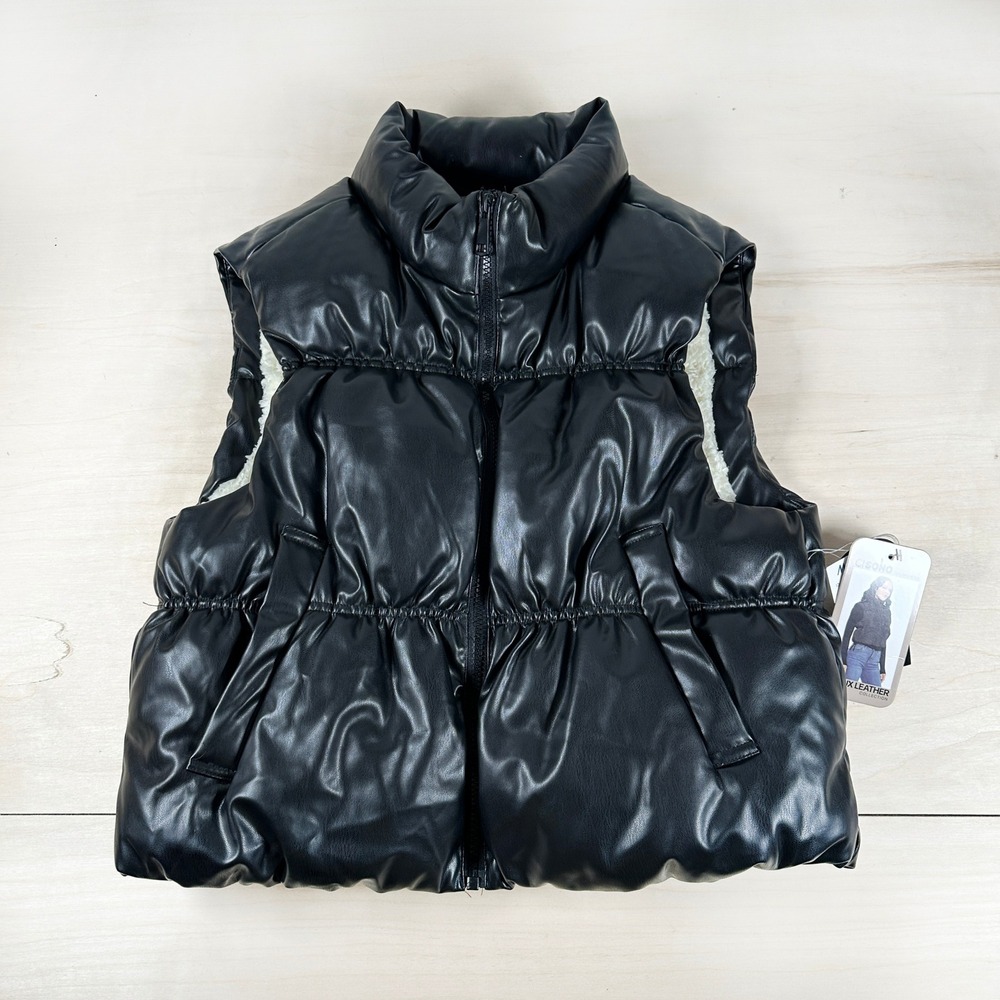 Ci Sono Faux Leather Puffer Vest Black Cropped‎ Quilted Sherpa Lined NWT XL